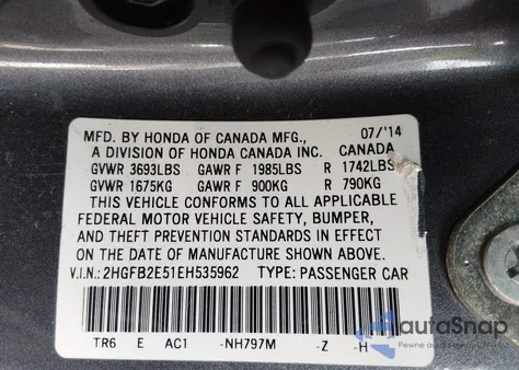 2014 Honda Civic Lx z USA, uszkodzony, nr VIN 2HGFB2E51EH535962